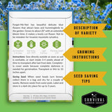 An informational product card for Forget-Me-Not seeds from Survival Garden Seeds, featuring a white background with blue flower illustrations at the top, green growth icons, planting instructions, and a seed-saving tips section.