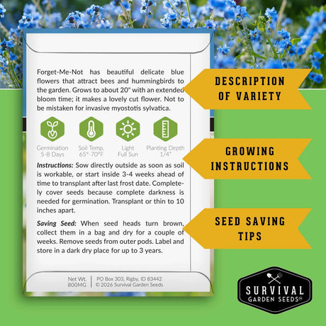 An informational product card for Forget-Me-Not seeds from Survival Garden Seeds, featuring a white background with blue flower illustrations at the top, green growth icons, planting instructions, and a seed-saving tips section.