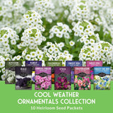 A promotional graphic for the Cool Weather Ornaments Collection, showing ten different heirloom seed packet designs lined up against a background of white chamomile flowers. The bottom of the image features a green banner with white text reading 'COOL WEATHER ORNAMENTS COLLECTION 10 Heirloom Seed Packets'.