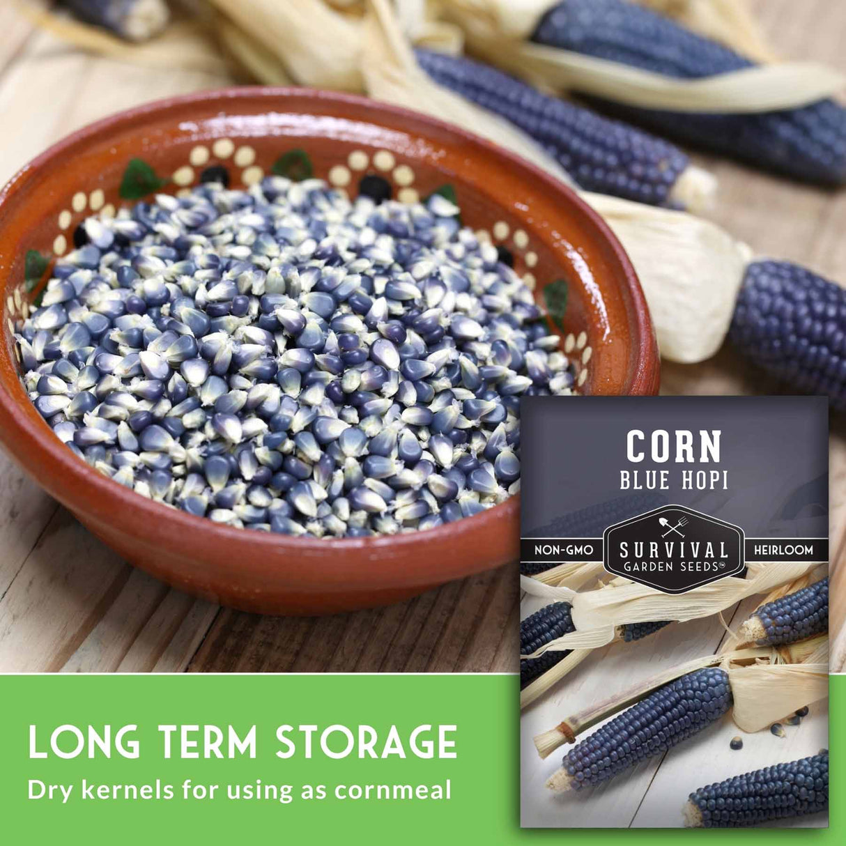 Bowl of blue corn kernels with a package labeled 'Corn Blue Hopi' on a wooden surface.