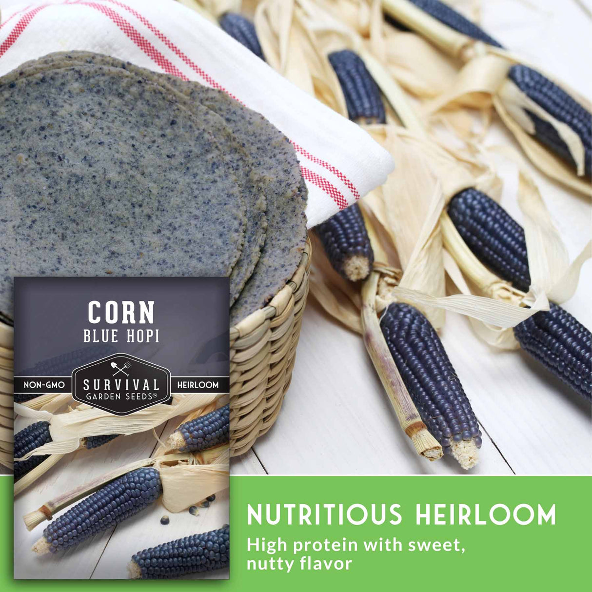 Blue corn kernels with a package labeled 'Corn Blue Hopi' on a white background.