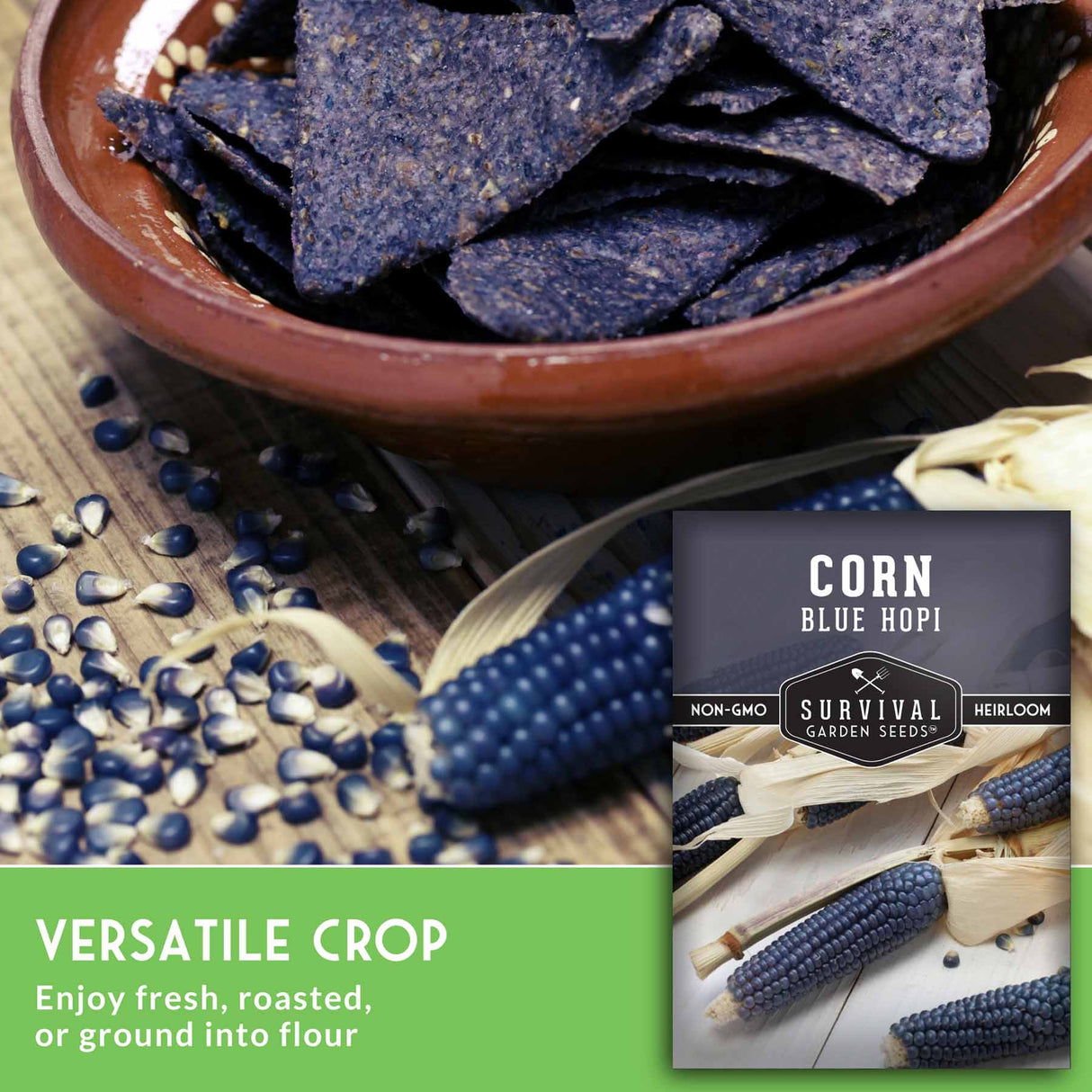 Corn blue hopi seeds with tortilla chips and a seed packet on a wooden surface