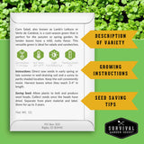 A green and white informational poster for Survival Garden Seeds corn salad, detailing variety description, growing instructions, and seed-saving tips, set against a background of green corn leaves.