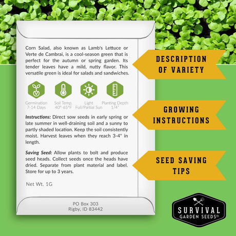 A green and white informational poster for Survival Garden Seeds corn salad, detailing variety description, growing instructions, and seed-saving tips, set against a background of green corn leaves.