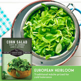 A package of Survival Garden Seeds 'Corn Salad' European Heirloom salad greens shown next to a metal colander filled with fresh green salad leaves, on a white background with a green text banner at the bottom.