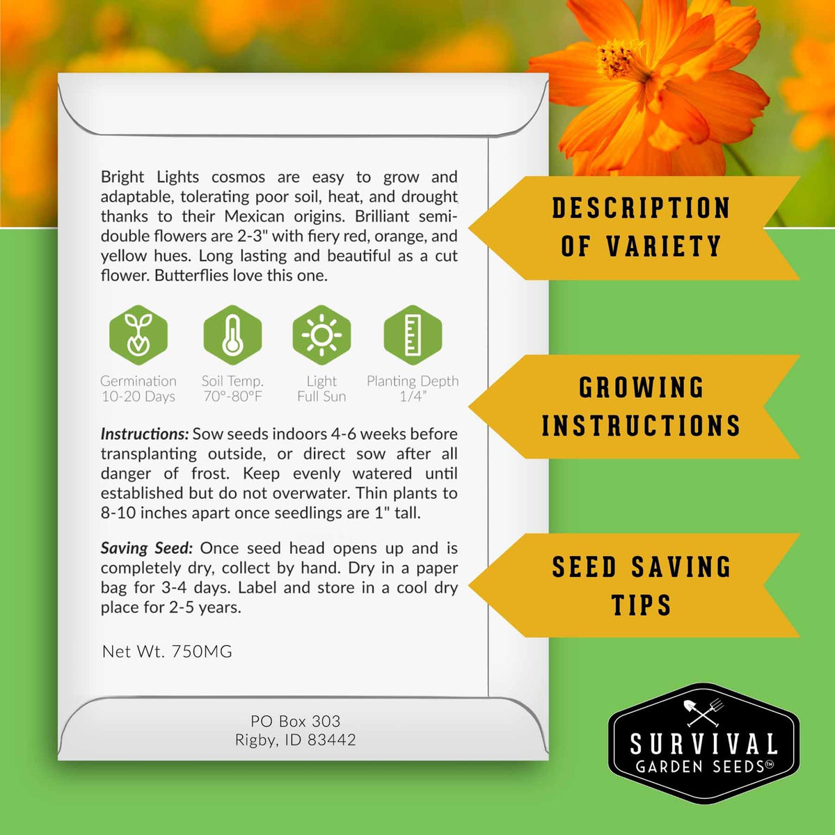 A printed card with growing information for Bright Lights cosmos seeds, shown on a green background with orange flower graphics and yellow callout banners reading 'Description of Variety,' 'Growing Instructions,' and 'Seed Saving Tips.' The Survival Garden Seeds logo appears at the bottom right.
