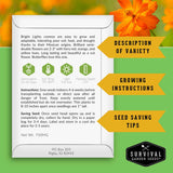 A printed card with growing information for Bright Lights cosmos seeds, shown on a green background with orange flower graphics and yellow callout banners reading 'Description of Variety,' 'Growing Instructions,' and 'Seed Saving Tips.' The Survival Garden Seeds logo appears at the bottom right.