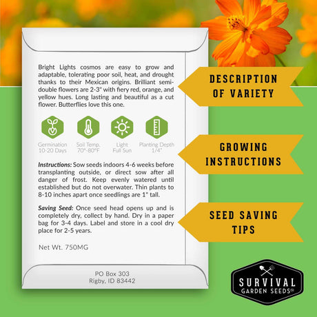 A printed card with growing information for Bright Lights cosmos seeds, shown on a green background with orange flower graphics and yellow callout banners reading 'Description of Variety,' 'Growing Instructions,' and 'Seed Saving Tips.' The Survival Garden Seeds logo appears at the bottom right.