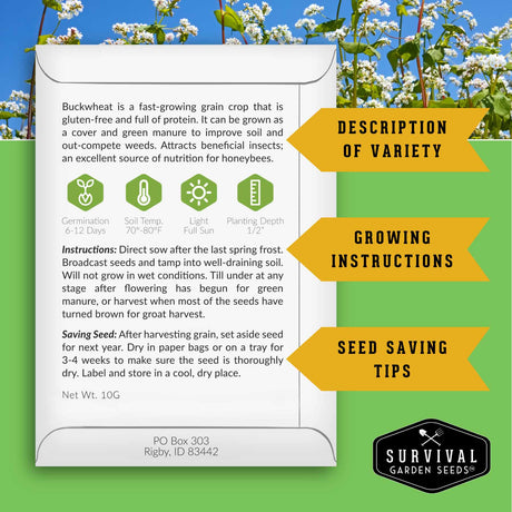 Survival Garden Seeds buckwheat seed packet with text and branding