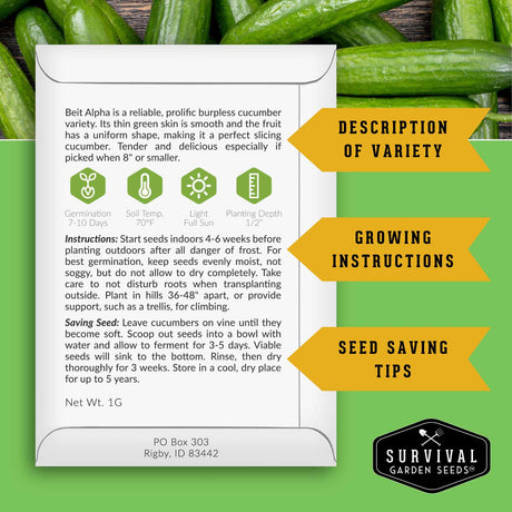 Survival Garden Seeds cucumber seed packet with variety description, growing instructions, and seed saving tips on a green background.