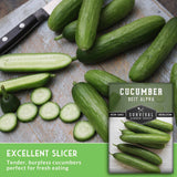 Green cucumbers on a cutting board with a package of Survival Garden Seeds cucumber variety. Excellent slicer