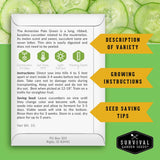 A seed packet for Survival Garden Seeds' Armenian Pale Green cucumber variety, shown against a green cucumber peel background with informational callouts about description of variety, growing instructions, and seed saving tips.