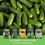 A close-up photo of many green cucumbers filling the frame, with five seed packet packages shown along the bottom and text reading 'CUCUMBER COLLECTION' and '5 Heirloom Seed Packets.' 