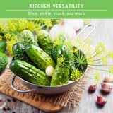 Fresh green cucumbers in a metal bowl with garlic, dill flowers, and a wooden cutting board on a rustic gray surface. A green banner at the top reads 'KITCHEN VERSATILITY' and 'Slice, pickle, snack, and more'.