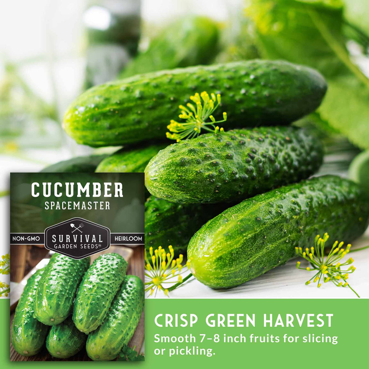 Cucumbers with a label for 'Cucumber Spacemaster' seeds on a wooden surface.