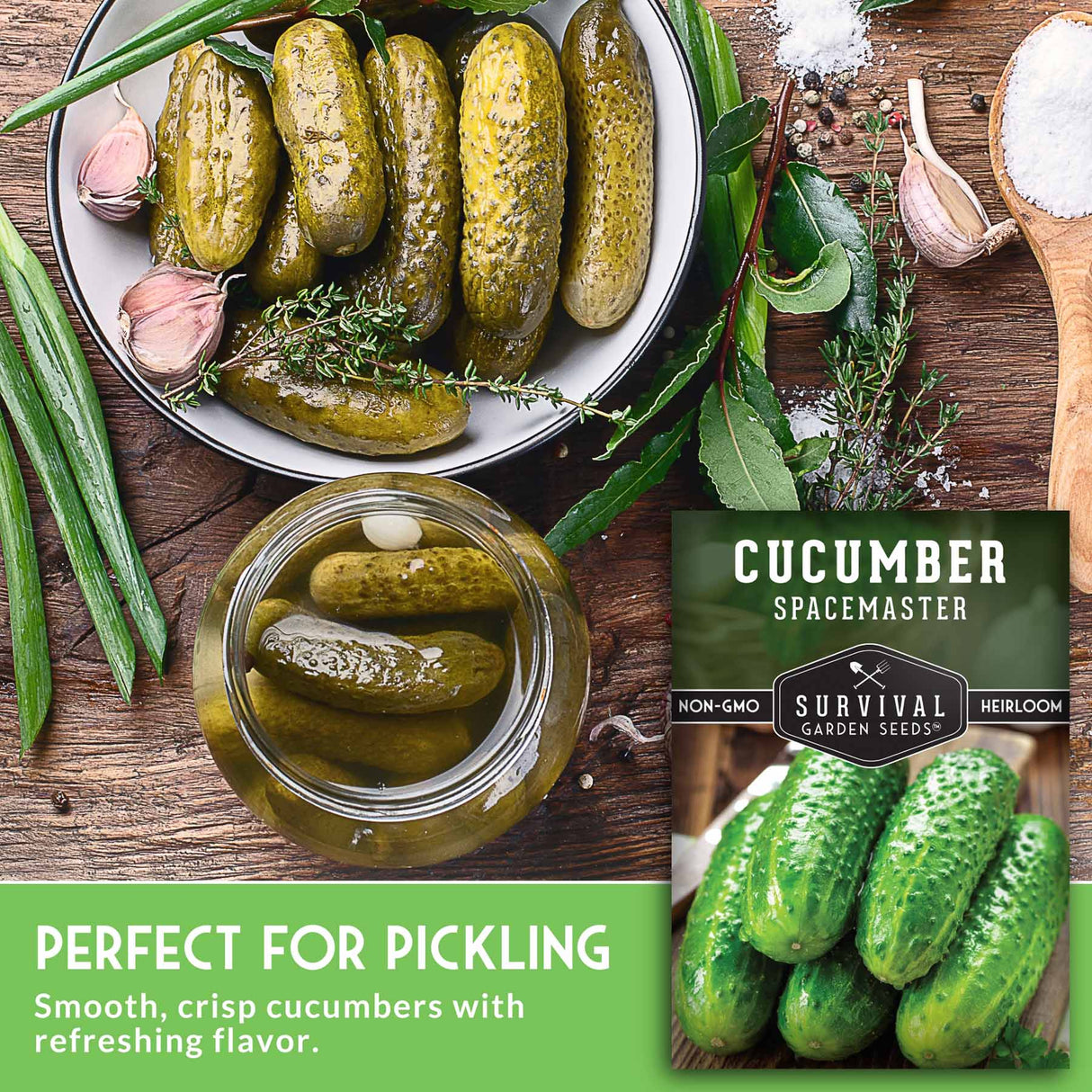 Cucumbers on a wooden surface with a jar of pickles and a package of cucumber seeds.