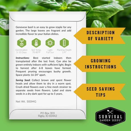 Survival Garden Seeds packaging with basil plant and seed information on a green background