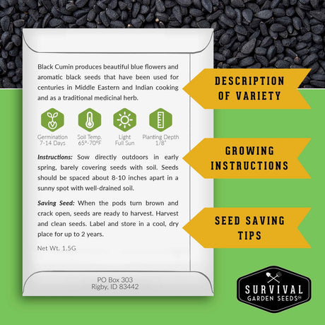 A seed packet for Survival Garden Seeds' Black Cumin herb, shown on a green background with black cumin seeds. The packet contains growing instructions, seed saving tips, and variety description.