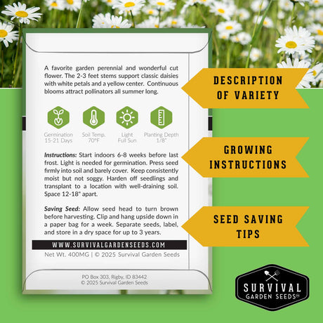 Survival Garden Seeds packet with growing instructions and seed saving tips on a green background with daisies.