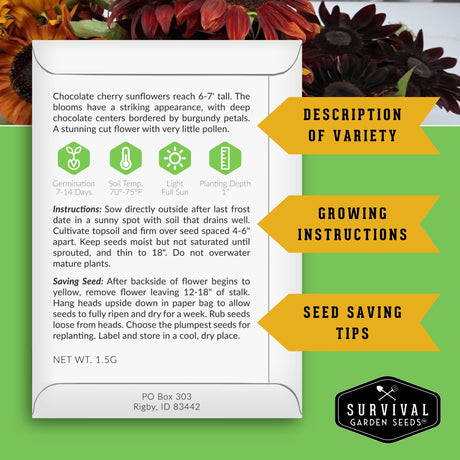 Back of sunflower seed packet with growing instructions and seed saving information