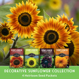 Decorative Sunflower Collection with seed packets and a background of sunflowers