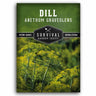 Seed packet for Dill Anethum Graveolens from Survival Garden Seeds, featuring a green and yellow photo of dill plants with white text.