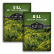 Two seed packets of Survival Garden Seeds Dill Anethum Graveolens shown on a white background, one labeled Non-GMO and one labeled Heirloom.
