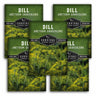 Five seed packet packages for 'Dill Anthem Graveolens' by Survival Garden Seeds are arranged in a fan-like layout. The packets feature a dark green background with a photograph of yellow-green dill flowers and white text.