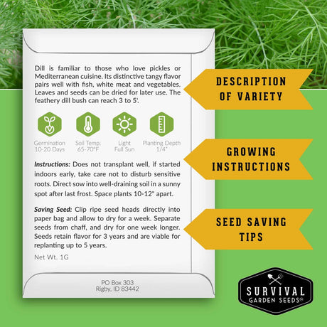 An informational product card about dill seeds with text, icons, and callout arrows on a green grass background. The card includes growing tips, seed-saving advice, and variety description.