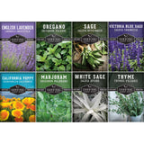 Collection of seed packets with various herbs and plants and their names.