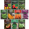 Collection of vegetable seed packets with images and names on a white background