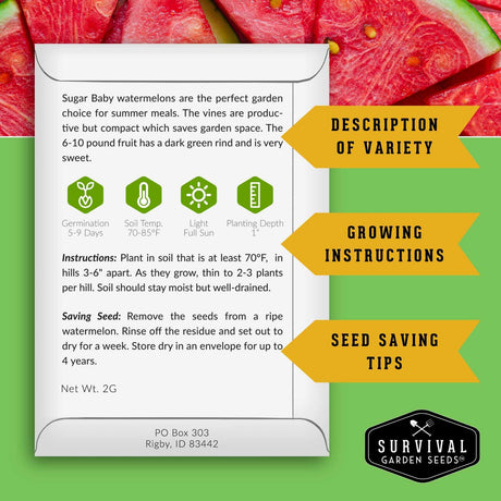 Survival Garden Seeds packaging for Sugar Baby watermelons with text and graphics on a green background.