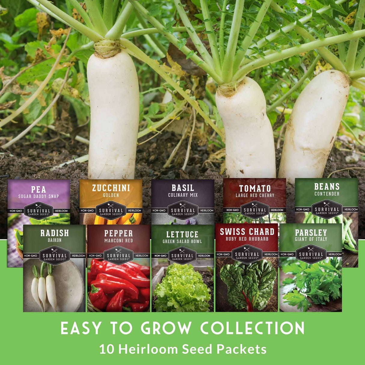 Heirloom seed packets for various vegetables with plants in the background