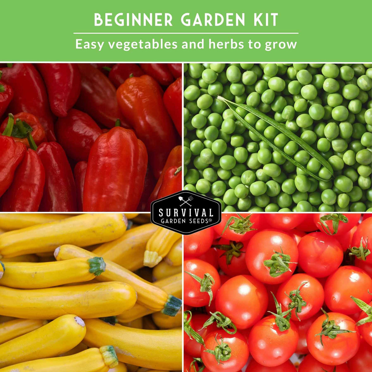 Collage of vegetables including red peppers, green peas, yellow zucchinis, and red tomatoes with 'Survival Garden Seeds' branding on a green background.