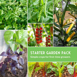 Collage of various plants with text 'Starter Garden Pack' and 'Simple crops for first-time growers'.