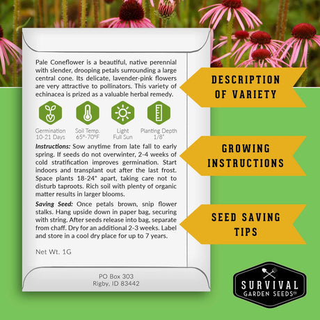 Informational back of seed packet with growing and seed saving instructions