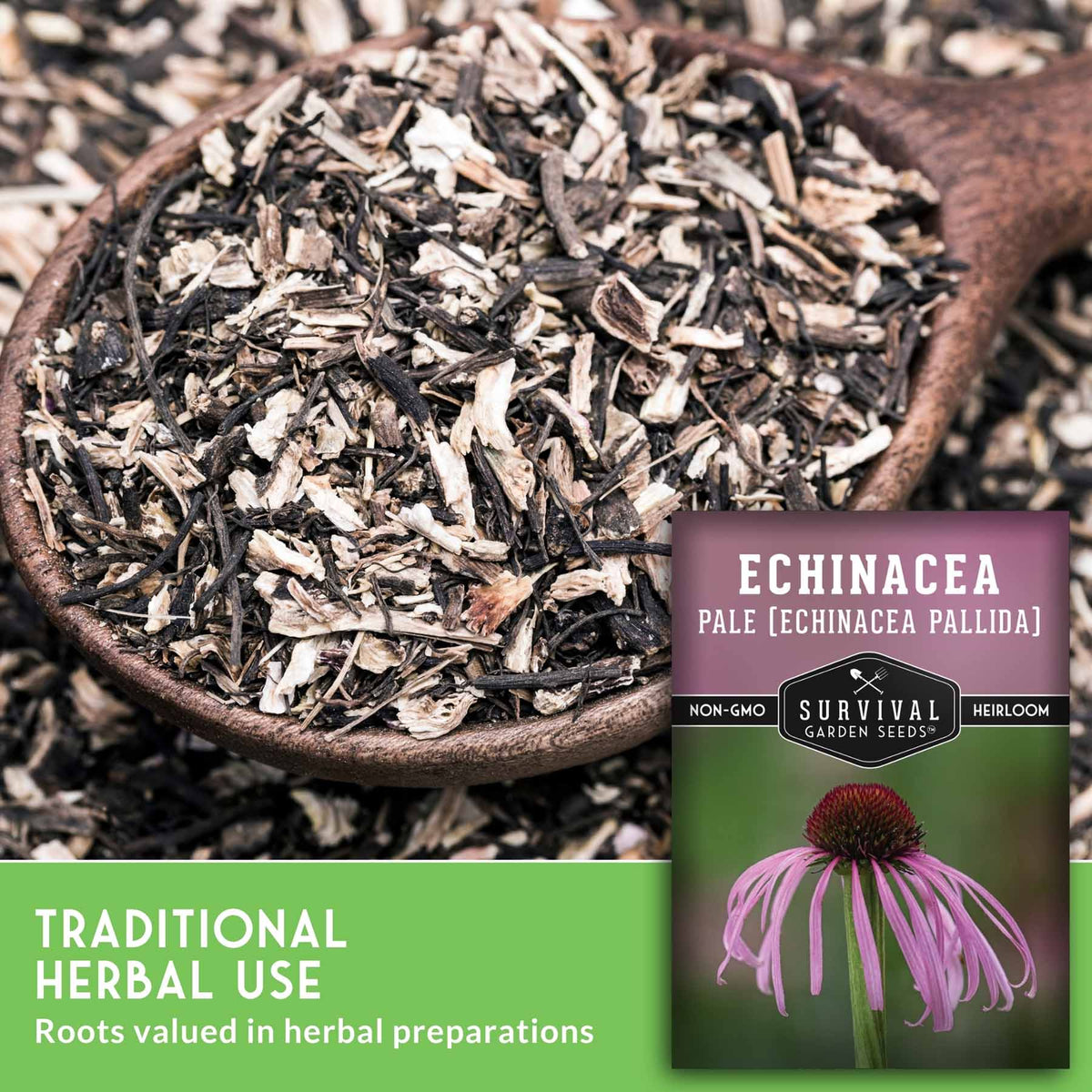 dried coneflower petals with text that says Traditional Herbal Use