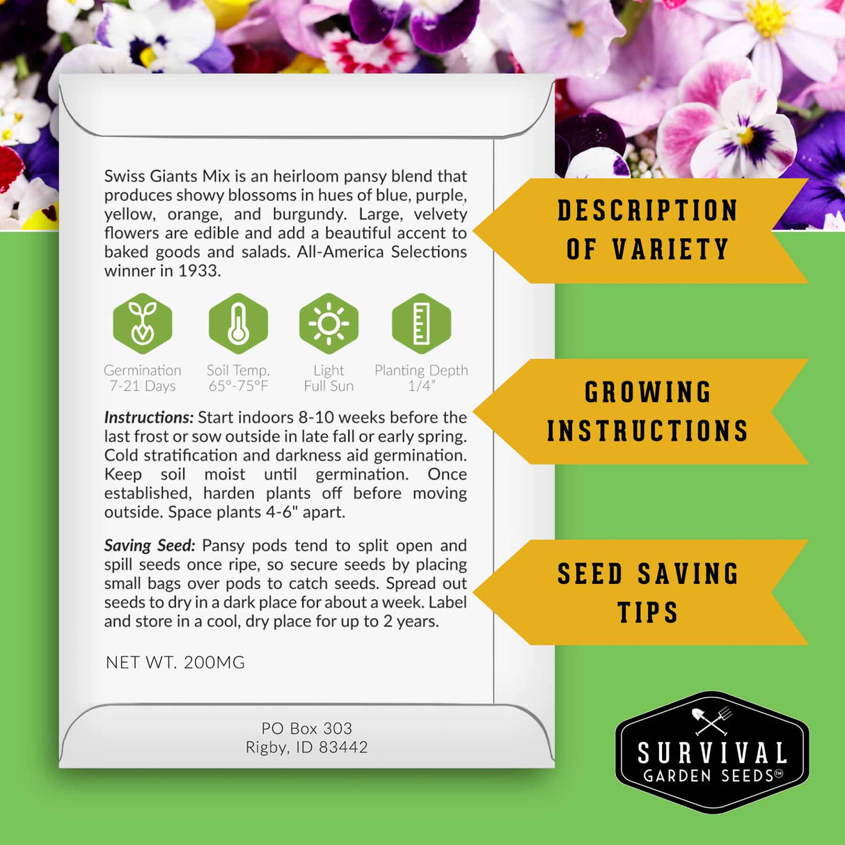 Flower seed packet with growing instructions and seed saving information