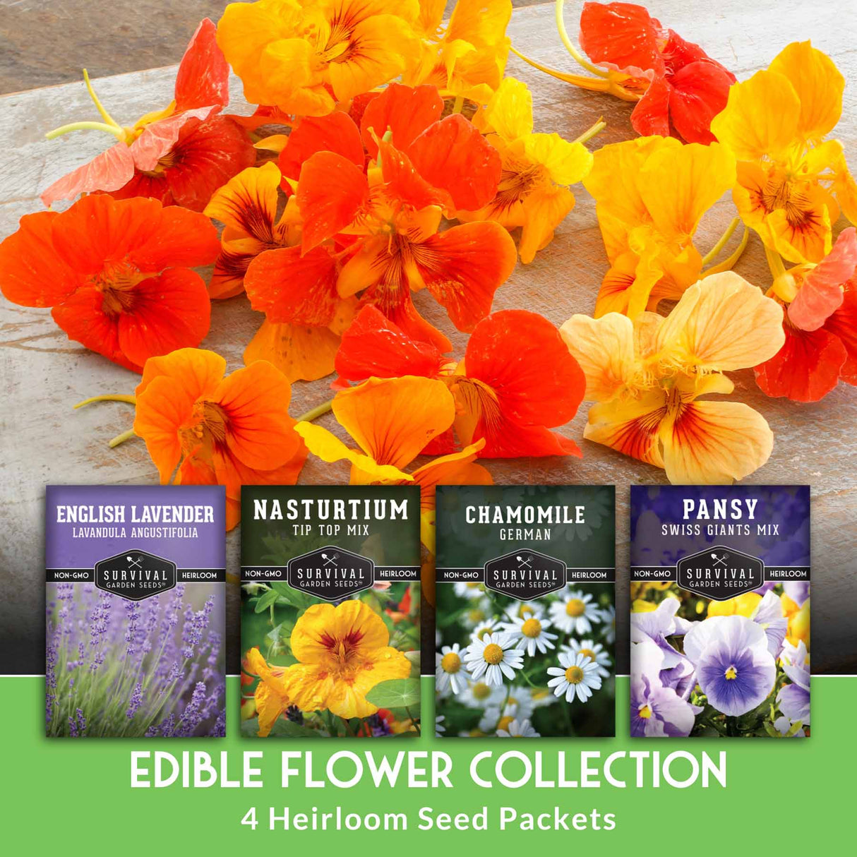 4 packets of heirloom flower seeds that produce edible flowers