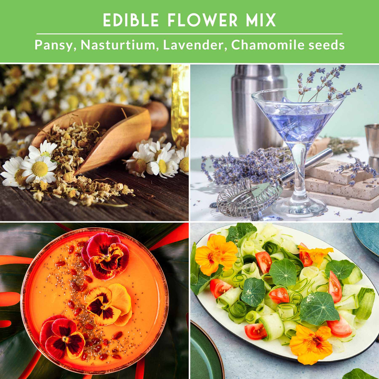 pansy, nasturtium, lavender and chamomile flowers