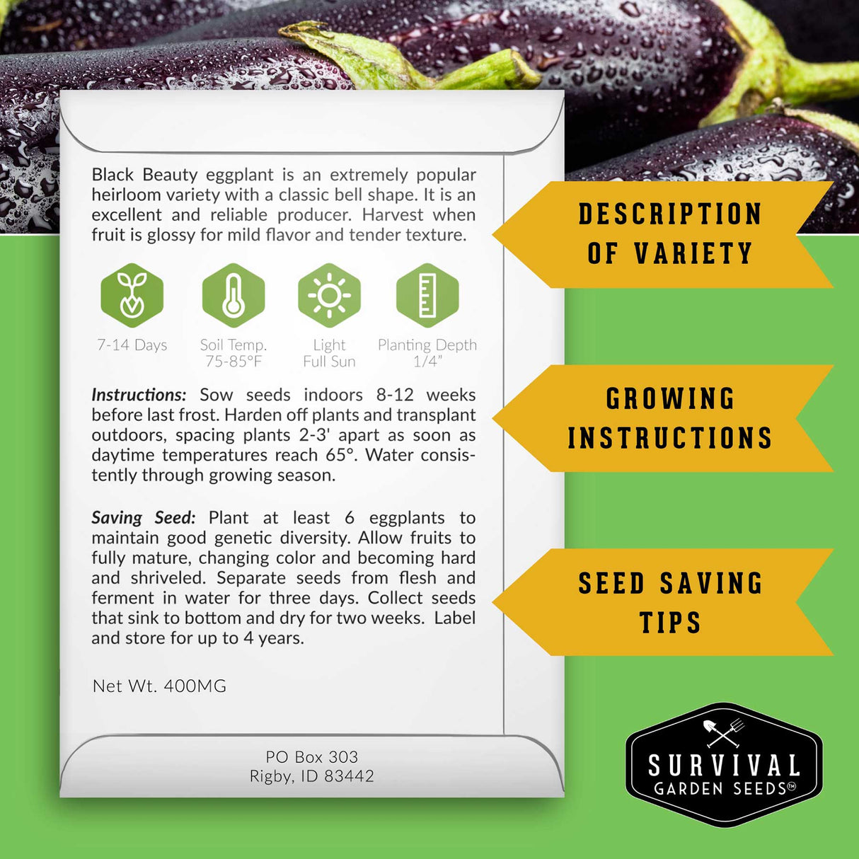 Survival Garden Seeds packaging for Black Beauty eggplant with text and branding.