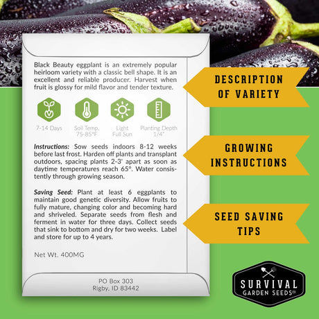 Survival Garden Seeds packaging for Black Beauty eggplant with text and branding.