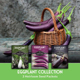 Basket of purple eggplants with three seed packets labeled 'Snowy', 'Long', and 'Black Beauty' on a wooden surface.