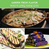 Collage of roasted vegetables with text 'Garden Fresh Flavor' on a green background.