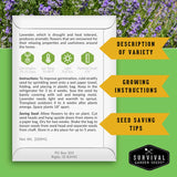 Back of English Lavender seed packet with growing instructions and seed saving information.