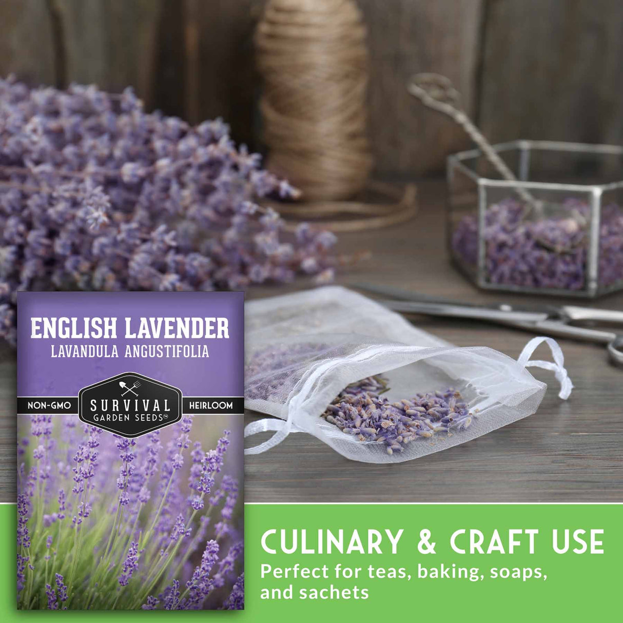 Lavender flowers and seed packet with text that says Culinary and craft use