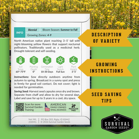 Survival Garden Seeds packaging with plant information and branding