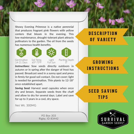 Seed packet with growing instructions and survival garden seeds logo on a green background