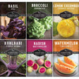 A 2x3 grid of six seed packet covers for Survival Garden Seeds, featuring basil, broccoli, lemon cucumber, kohlrabi, radish watermelon, and watermelon flavors. Each packet shows the variety name, a close-up photo of the produce, and the Survival Garden Seeds logo.