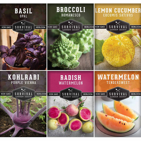 A 2x3 grid of six seed packet covers for Survival Garden Seeds, featuring basil, broccoli, lemon cucumber, kohlrabi, radish watermelon, and watermelon flavors. Each packet shows the variety name, a close-up photo of the produce, and the Survival Garden Seeds logo.